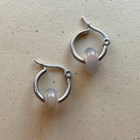 Silver Grey Agate Stone Hoops - Picture 1 of 5